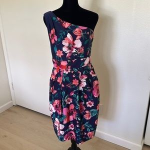 One-Shoulder Navy Floral Dress with Pink Bloom Print